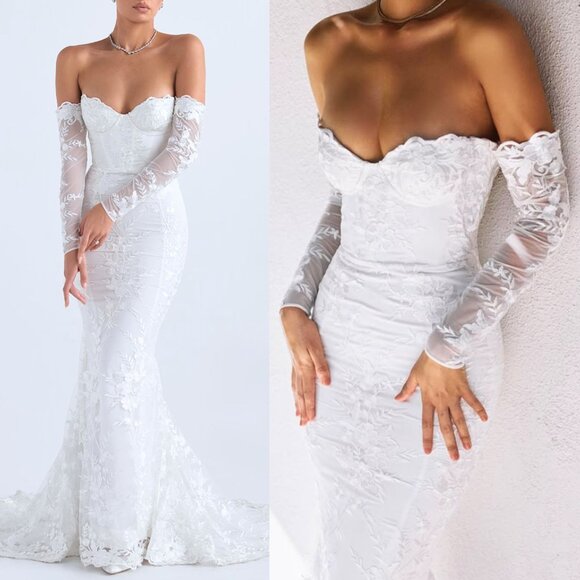 House‎ of CB Isabelle White Lace Off Shoulder Long Sleeve Wedding Dress Gown M - Picture 14 of 15